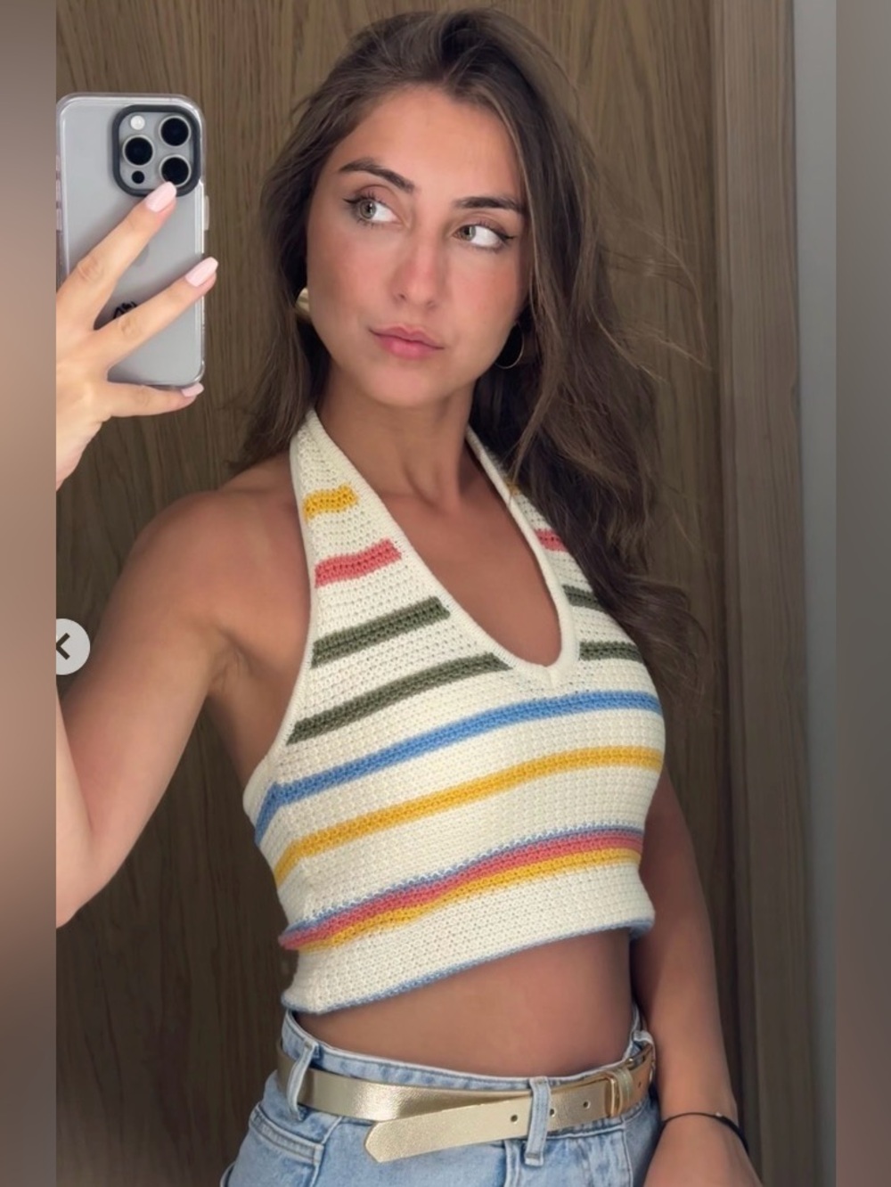 ZARA Crochet Stripe Halter Crop Top - Cream and Pastel Stripes size medium - Picture 2 of 12